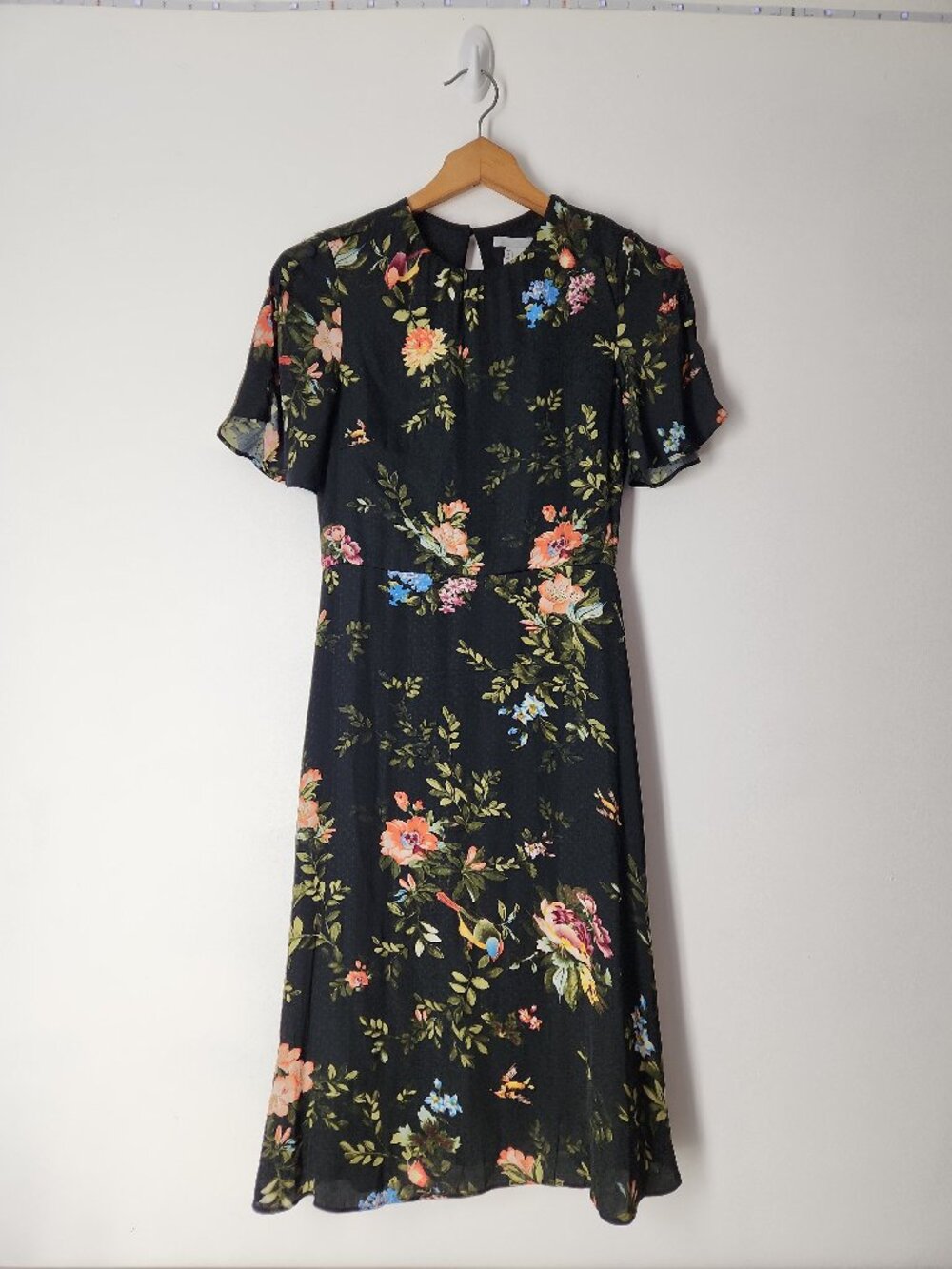 H&M Black Floral Chiffon modest Midi Dress botanical birds whimsical motif  2 XS